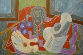 Gitarre und Palette auf rotem Tuch