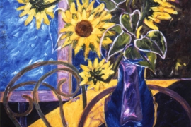 Blaue Vase mit Sonnenblumen